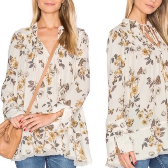 FREE PEOPLE So Fine Butterfly Floral Print Boho V Neck Split Cuff Popover Blouse - Picture 1 of 11